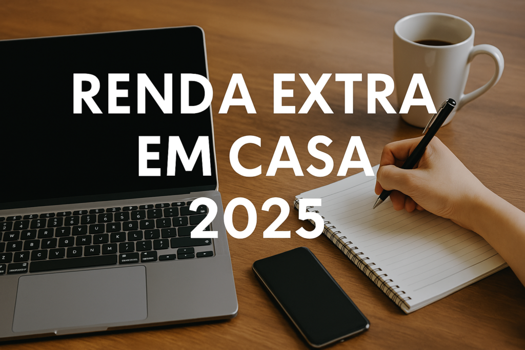 renda extra em casa 2025 com caderno, notebook e celular sobre mesa de madeira