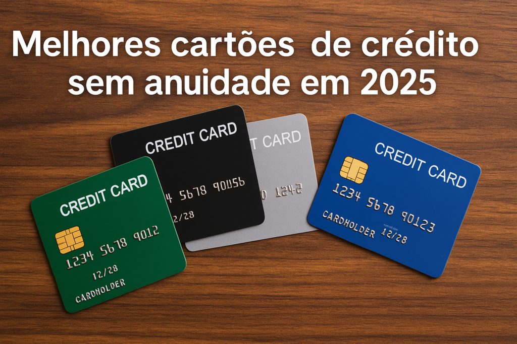 cartões sem anuidade 2025 sobre mesa de madeira com destaque nos chips