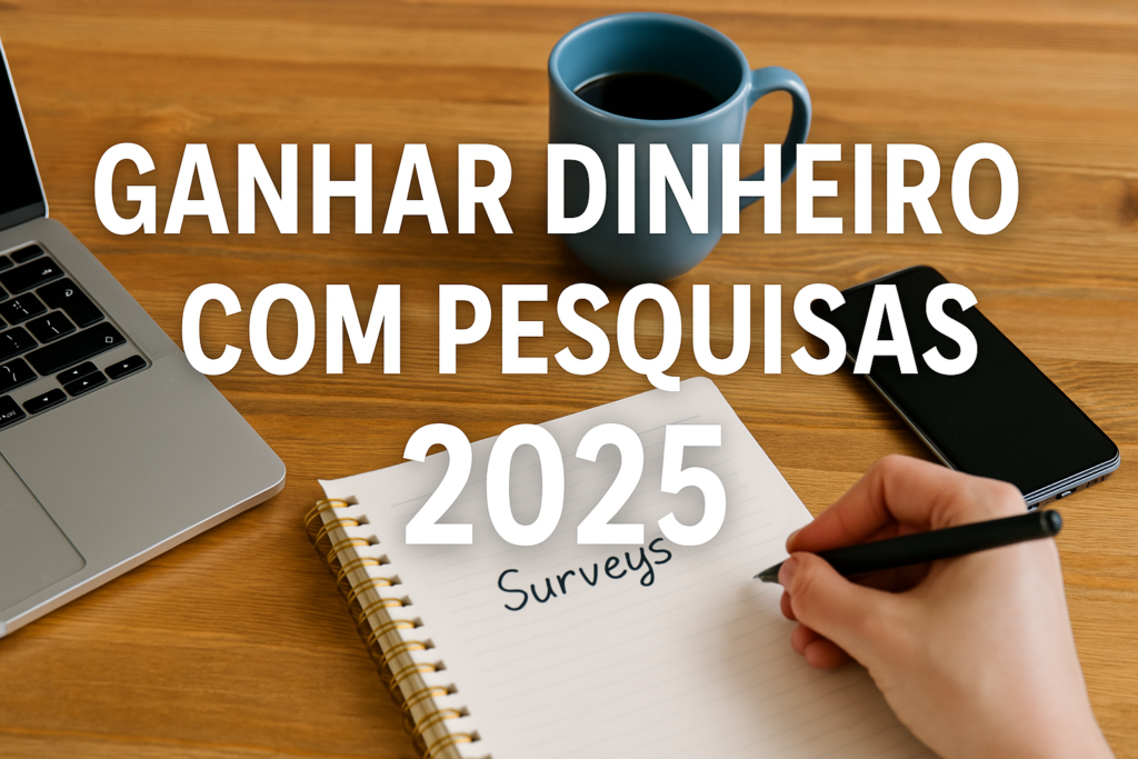 ganhar dinheiro com pesquisas 2025 com laptop, caderno e celular sobre mesa de madeira