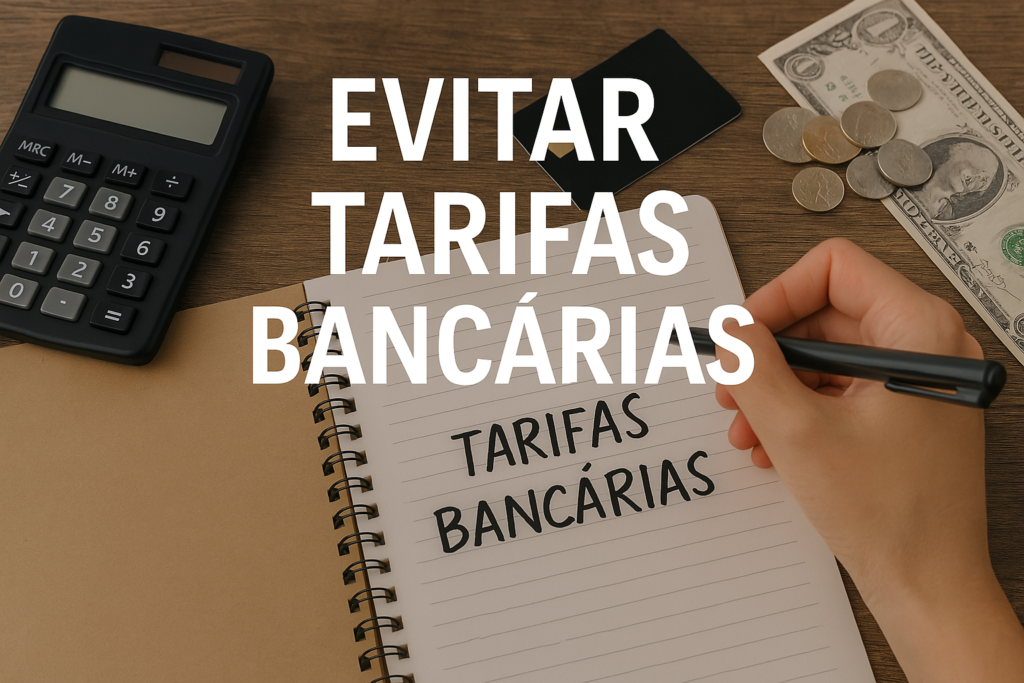 evitar tarifas bancárias anotado em caderno com cartão, moedas e calculadora sobre mesa de madeira